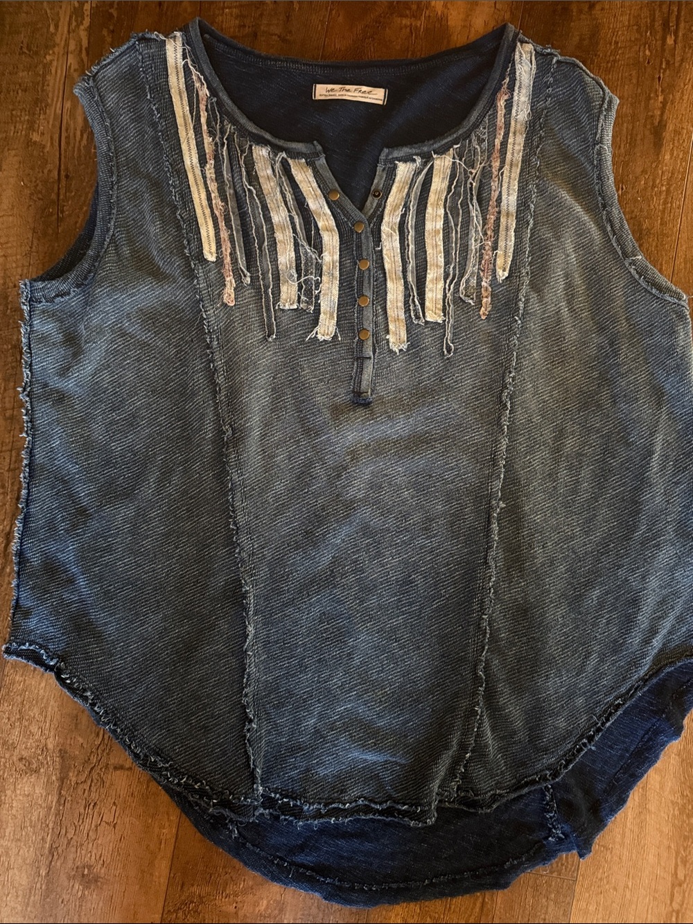 Free People Blue Distressed Fringe Henley Tank